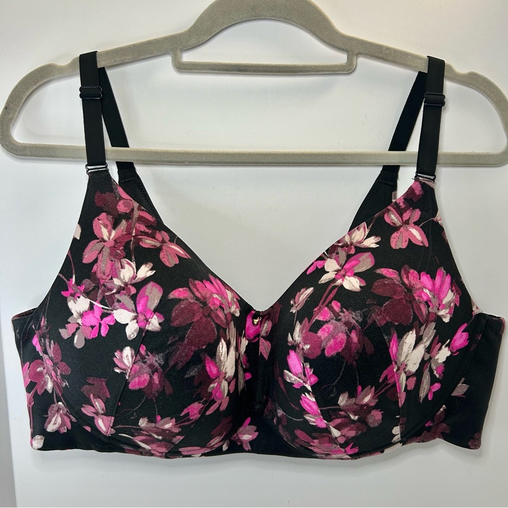 Cacique Lane Bryant Lightly Lined No Wire Black & Pink Floral Bra 40DD